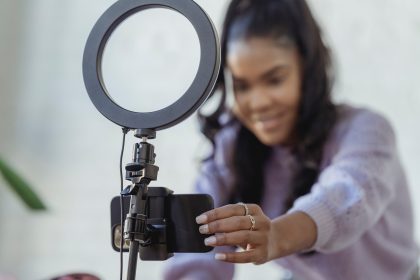 Smiling woman creating a Video