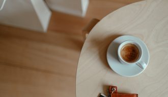 shopping bags and coffee on a table
