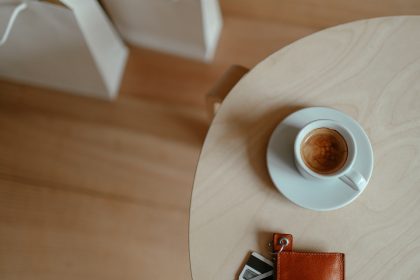shopping bags and coffee on a table